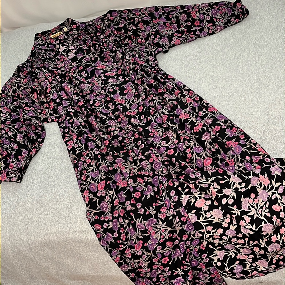 Vintage Komil Maxi Dress Medium Button Front Dark Floral Modest Grunge Steampunk
